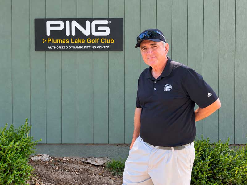 Brian McCormick standing outside at Plumas Lake Golf Club near a PING authorized fitting center sign.