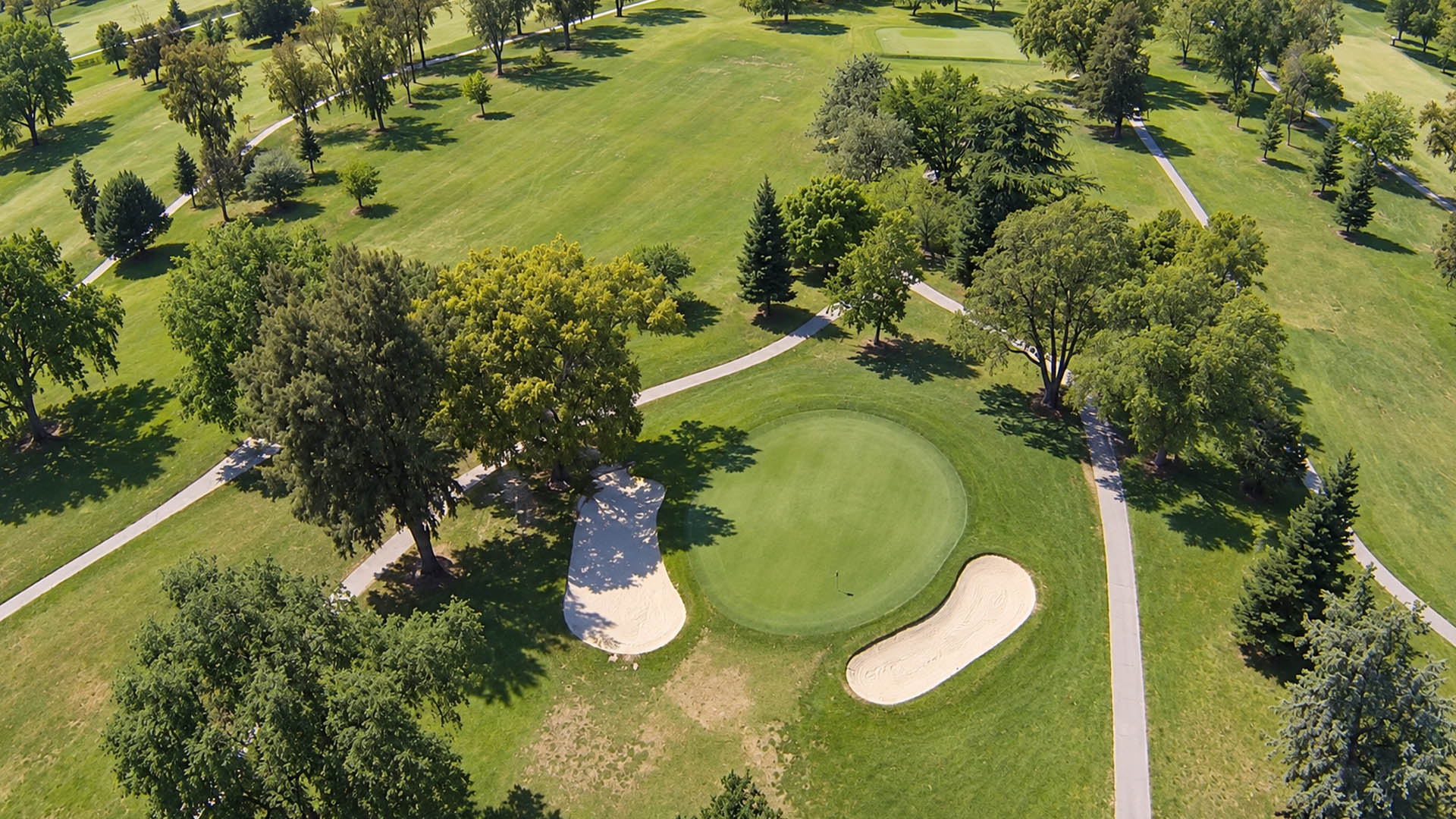 Aerial view of a green and bunkers at Plumas Lake Golf Club with cart paths and trees.