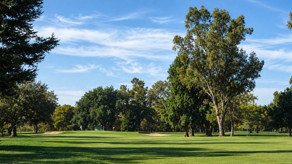 Green and fairway at Plumas Lake Golf Club with mature trees, blue sky, and early morning light.