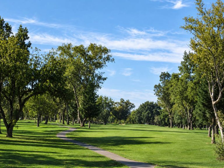 Tree-lined fairway and winding cart path at Plumas Lake Golf Club under a blue sky.