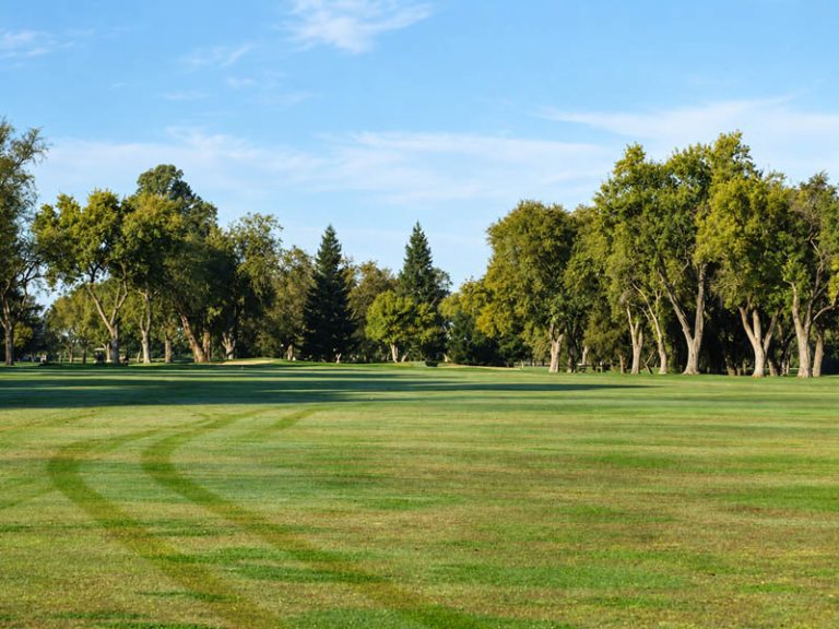 Wide fairway at Plumas Lake Golf Club with mowed turf patterns and mature trees in the distance.
